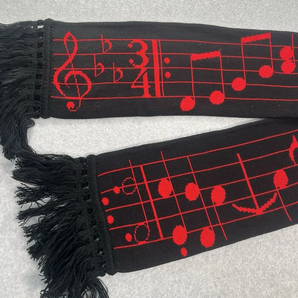 Vintage Scarf Music Staff Notes 1982 By Edgerton PA  88” Long red on black